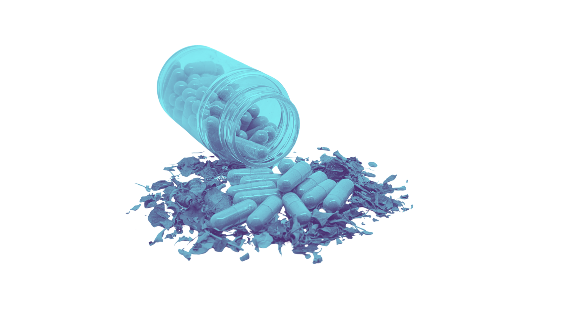 Supplement capsules spilling from a bottle with botanical ingredients