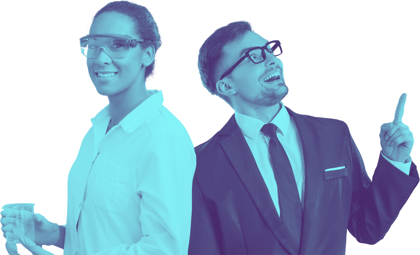 A scientist and a product lead looking up at what's next